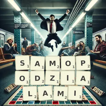Kreatywna ilustracja do gry w Scrabble ze słowem SAMOPODZIALAMI ułożonym z płytek na planszy.