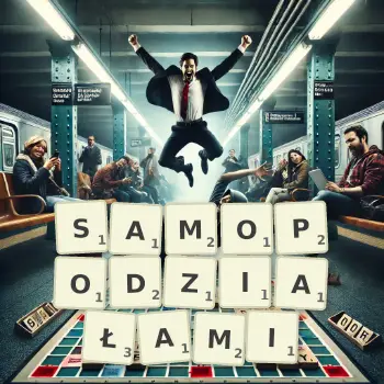 Kreatywna ilustracja do gry w Scrabble ze słowem SAMOPODZIAŁAMI ułożonym z płytek na planszy.