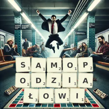 Kreatywna ilustracja do gry w Scrabble ze słowem SAMOPODZIAŁOWI ułożonym z płytek na planszy.