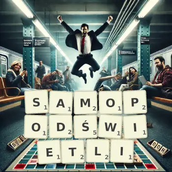 Kreatywna ilustracja do gry w Scrabble ze słowem SAMOPODŚWIETLI ułożonym z płytek na planszy.