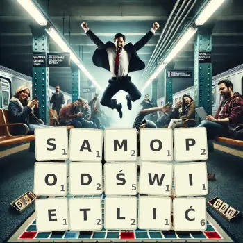 Kreatywna ilustracja do gry w Scrabble ze słowem SAMOPODŚWIETLIĆ ułożonym z płytek na planszy.