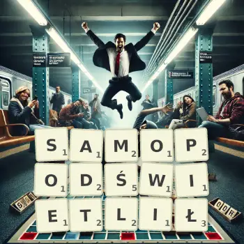 Kreatywna ilustracja do gry w Scrabble ze słowem SAMOPODŚWIETLIŁ ułożonym z płytek na planszy.