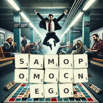 Kreatywna ilustracja do gry w Scrabble ze słowem SAMOPOMOCNEGO ułożonym z płytek na planszy.