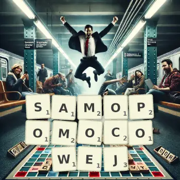 Kreatywna ilustracja do gry w Scrabble ze słowem SAMOPOMOCOWEJ ułożonym z płytek na planszy.
