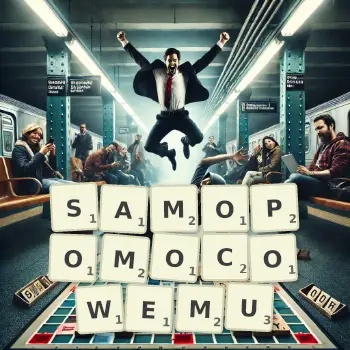 Kreatywna ilustracja do gry w Scrabble ze słowem SAMOPOMOCOWEMU ułożonym z płytek na planszy.