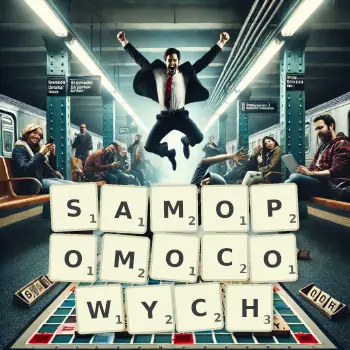 Kreatywna ilustracja do gry w Scrabble ze słowem SAMOPOMOCOWYCH ułożonym z płytek na planszy.