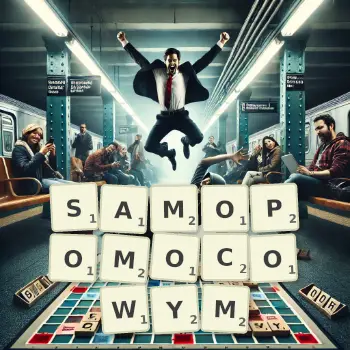 Kreatywna ilustracja do gry w Scrabble ze słowem SAMOPOMOCOWYM ułożonym z płytek na planszy.