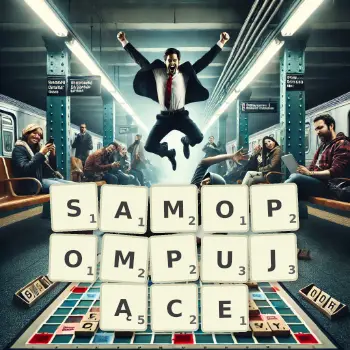 Kreatywna ilustracja do gry w Scrabble ze słowem SAMOPOMPUJĄCE ułożonym z płytek na planszy.