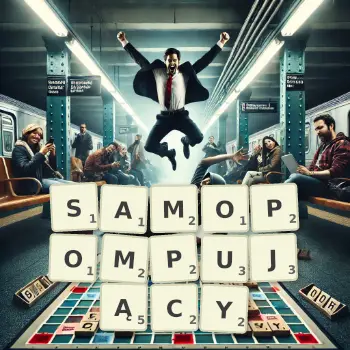Kreatywna ilustracja do gry w Scrabble ze słowem SAMOPOMPUJĄCY ułożonym z płytek na planszy.
