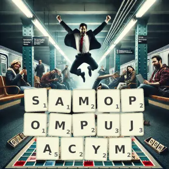 Kreatywna ilustracja do gry w Scrabble ze słowem SAMOPOMPUJĄCYM ułożonym z płytek na planszy.