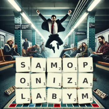 Kreatywna ilustracja do gry w Scrabble ze słowem SAMOPONIZALABYM ułożonym z płytek na planszy.