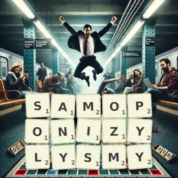 Kreatywna ilustracja do gry w Scrabble ze słowem SAMOPONIZYLYSMY ułożonym z płytek na planszy.