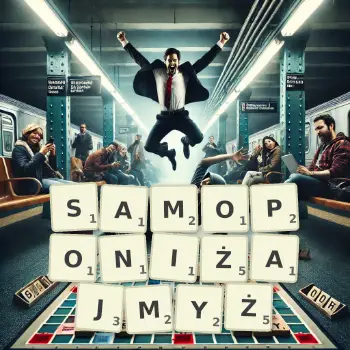Kreatywna ilustracja do gry w Scrabble ze słowem SAMOPONIŻAJMYŻ ułożonym z płytek na planszy.