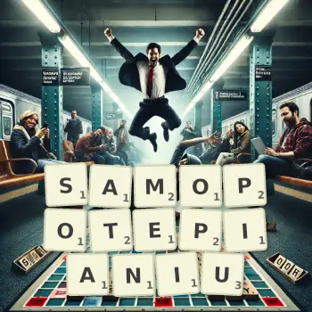 Kreatywna ilustracja do gry w Scrabble ze słowem SAMOPOTEPIANIU ułożonym z płytek na planszy.