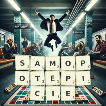 Kreatywna ilustracja do gry w Scrabble ze słowem SAMOPOTEPICIE ułożonym z płytek na planszy.