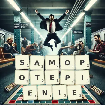 Kreatywna ilustracja do gry w Scrabble ze słowem SAMOPOTEPIENIE ułożonym z płytek na planszy.