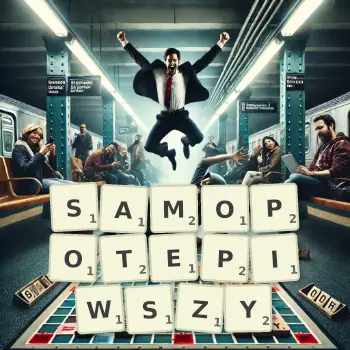 Kreatywna ilustracja do gry w Scrabble ze słowem SAMOPOTEPIWSZY ułożonym z płytek na planszy.