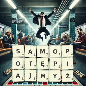 Kreatywna ilustracja do gry w Scrabble ze słowem SAMOPOTĘPIAJMYŻ ułożonym z płytek na planszy.