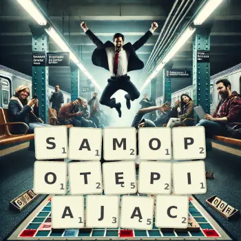 Kreatywna ilustracja do gry w Scrabble ze słowem SAMOPOTĘPIAJĄC ułożonym z płytek na planszy.
