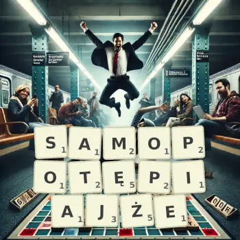 Kreatywna ilustracja do gry w Scrabble ze słowem SAMOPOTĘPIAJŻE ułożonym z płytek na planszy.