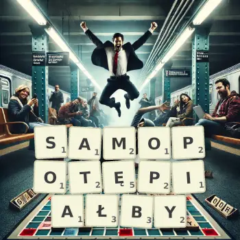 Kreatywna ilustracja do gry w Scrabble ze słowem SAMOPOTĘPIAŁBY ułożonym z płytek na planszy.