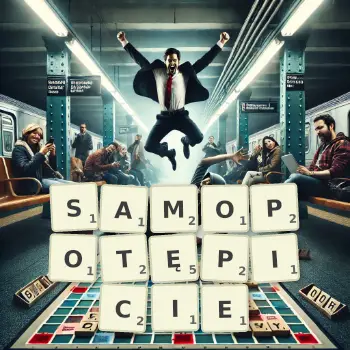 Kreatywna ilustracja do gry w Scrabble ze słowem SAMOPOTĘPICIE ułożonym z płytek na planszy.