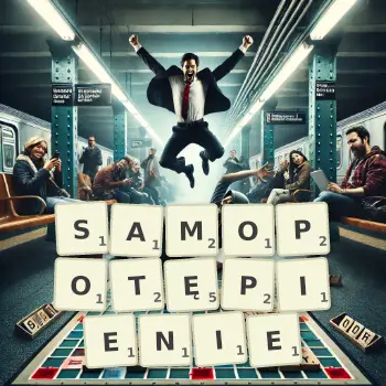 Kreatywna ilustracja do gry w Scrabble ze słowem SAMOPOTĘPIENIE ułożonym z płytek na planszy.