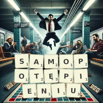 Kreatywna ilustracja do gry w Scrabble ze słowem SAMOPOTĘPIENIU ułożonym z płytek na planszy.