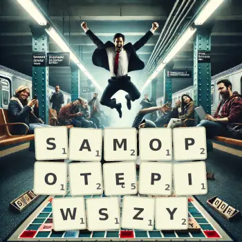 Kreatywna ilustracja do gry w Scrabble ze słowem SAMOPOTĘPIWSZY ułożonym z płytek na planszy.