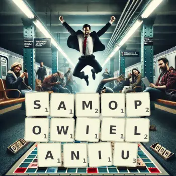 Kreatywna ilustracja do gry w Scrabble ze słowem SAMOPOWIELANIU ułożonym z płytek na planszy.