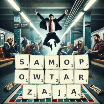 Kreatywna ilustracja do gry w Scrabble ze słowem SAMOPOWTARZAJĄ ułożonym z płytek na planszy.