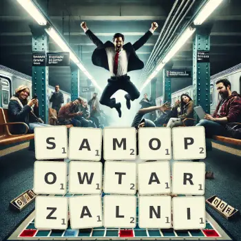 Kreatywna ilustracja do gry w Scrabble ze słowem SAMOPOWTARZALNI ułożonym z płytek na planszy.