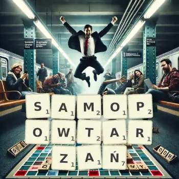Kreatywna ilustracja do gry w Scrabble ze słowem SAMOPOWTARZAŃ ułożonym z płytek na planszy.