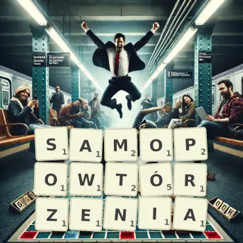 Kreatywna ilustracja do gry w Scrabble ze słowem SAMOPOWTÓRZENIA ułożonym z płytek na planszy.
