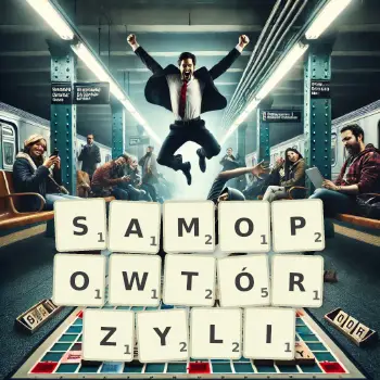Kreatywna ilustracja do gry w Scrabble ze słowem SAMOPOWTÓRZYLI ułożonym z płytek na planszy.