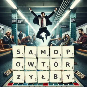 Kreatywna ilustracja do gry w Scrabble ze słowem SAMOPOWTÓRZYŁBY ułożonym z płytek na planszy.