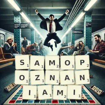 Kreatywna ilustracja do gry w Scrabble ze słowem SAMOPOZNANIAMI ułożonym z płytek na planszy.