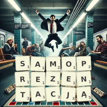 Kreatywna ilustracja do gry w Scrabble ze słowem SAMOPREZENTACJĄ ułożonym z płytek na planszy.