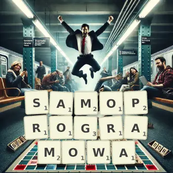 Kreatywna ilustracja do gry w Scrabble ze słowem SAMOPROGRAMOWA ułożonym z płytek na planszy.