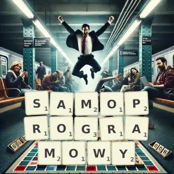 Kreatywna ilustracja do gry w Scrabble ze słowem SAMOPROGRAMOWY ułożonym z płytek na planszy.