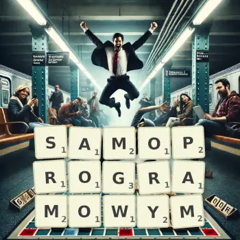 Kreatywna ilustracja do gry w Scrabble ze słowem SAMOPROGRAMOWYM ułożonym z płytek na planszy.
