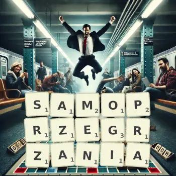 Kreatywna ilustracja do gry w Scrabble ze słowem SAMOPRZEGRZANIA ułożonym z płytek na planszy.