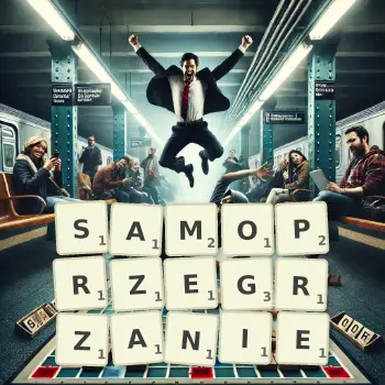 Kreatywna ilustracja do gry w Scrabble ze słowem SAMOPRZEGRZANIE ułożonym z płytek na planszy.