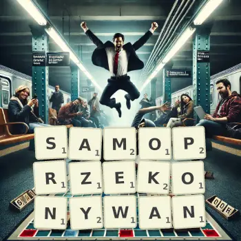 Kreatywna ilustracja do gry w Scrabble ze słowem SAMOPRZEKONYWAN ułożonym z płytek na planszy.