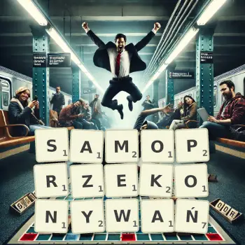 Kreatywna ilustracja do gry w Scrabble ze słowem SAMOPRZEKONYWAŃ ułożonym z płytek na planszy.