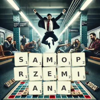 Kreatywna ilustracja do gry w Scrabble ze słowem SAMOPRZEMIANA ułożonym z płytek na planszy.