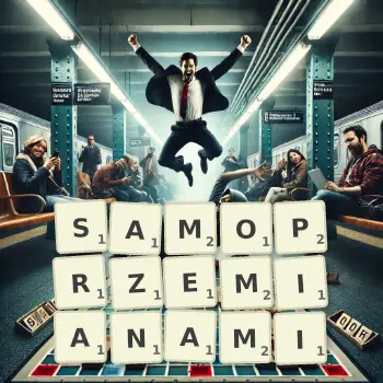 Kreatywna ilustracja do gry w Scrabble ze słowem SAMOPRZEMIANAMI ułożonym z płytek na planszy.