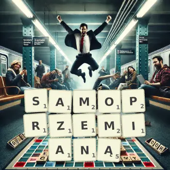 Kreatywna ilustracja do gry w Scrabble ze słowem SAMOPRZEMIANĄ ułożonym z płytek na planszy.