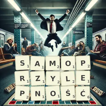 Kreatywna ilustracja do gry w Scrabble ze słowem SAMOPRZYLEPNOŚĆ ułożonym z płytek na planszy.