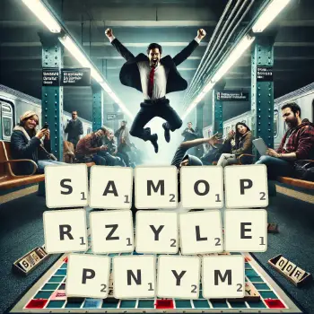 Kreatywna ilustracja do gry w Scrabble ze słowem SAMOPRZYLEPNYM ułożonym z płytek na planszy.